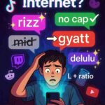 Person looking confused at phone while internet slang like rizz, no cap, and mid appear as floating chat bubbles.