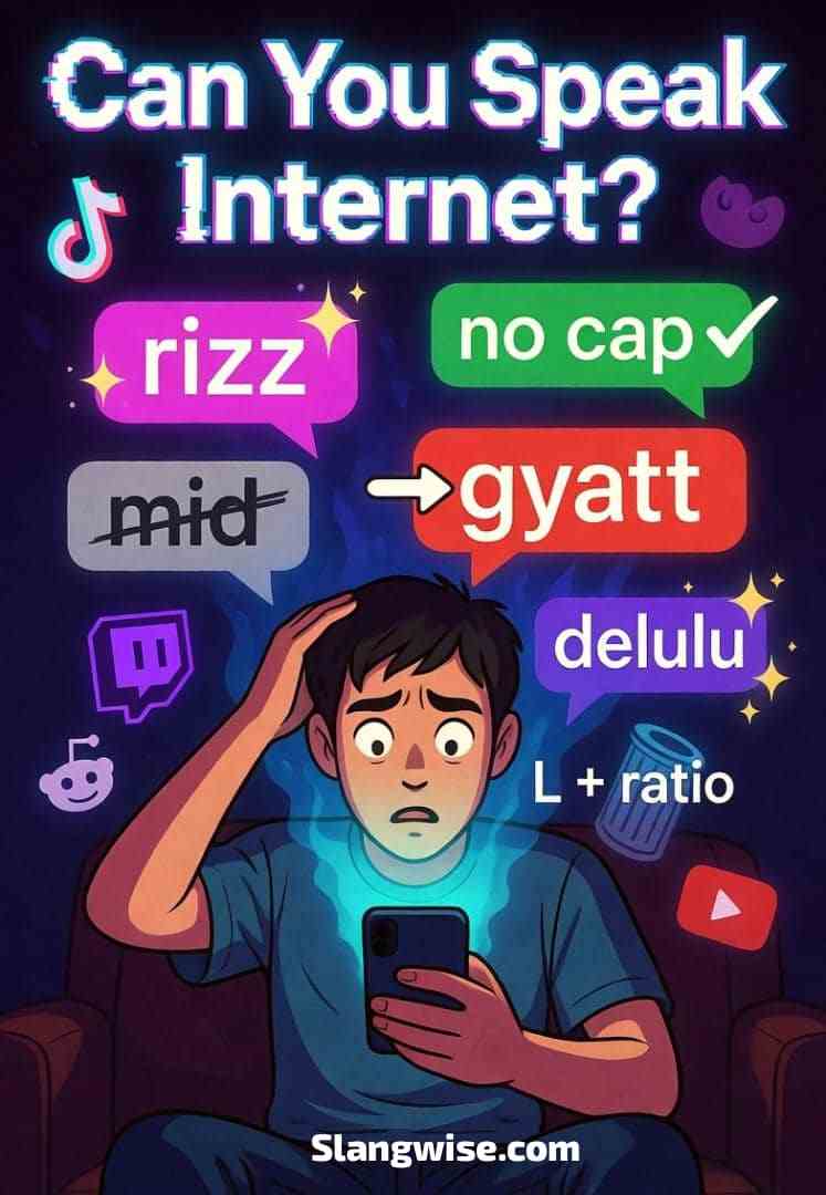 Person looking confused at phone while internet slang like rizz, no cap, and mid appear as floating chat bubbles.