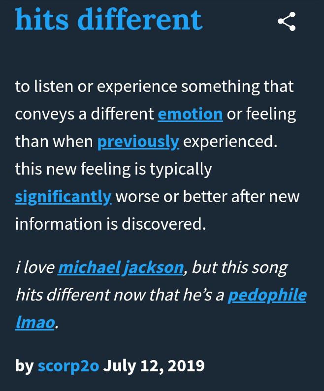 Screenshot image showing the meaning of hits different on urban Dictionary
