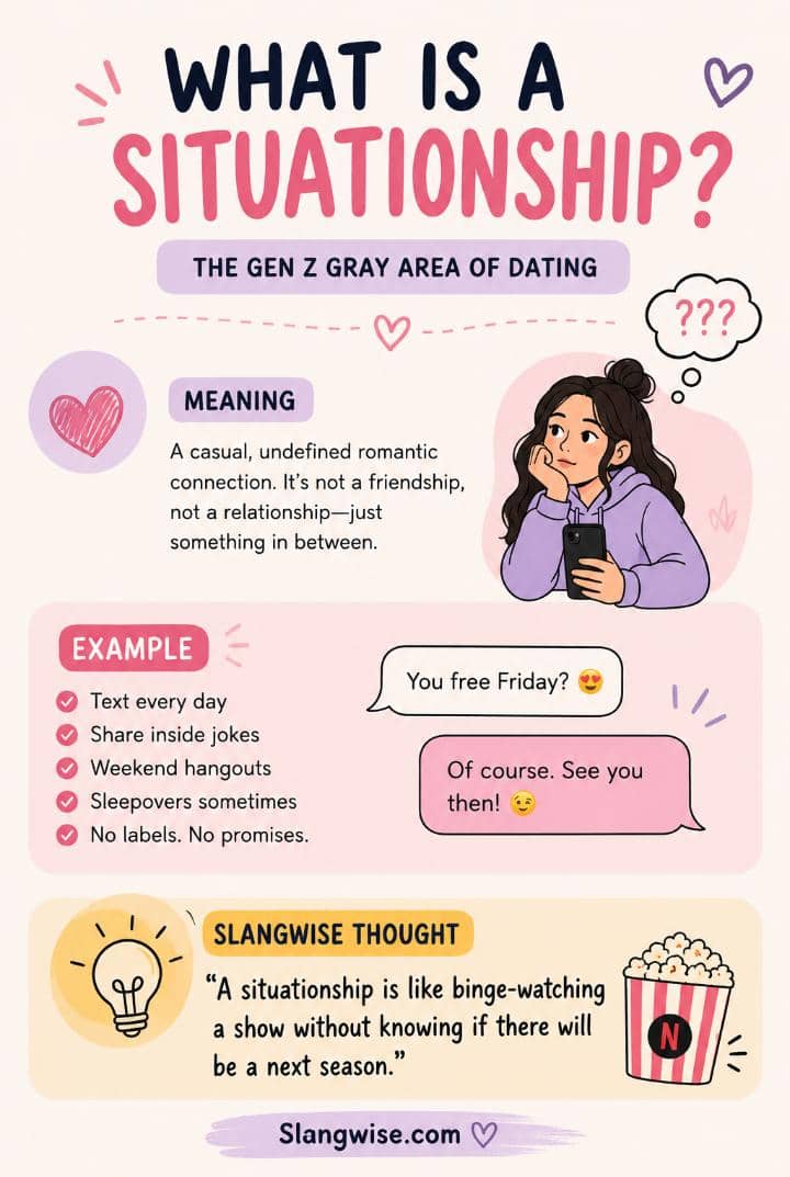 What does situationship mean in Gen Z slang? Discover the real meaning, signs, fresh examples, origins, and what makes situationships different from relationships.