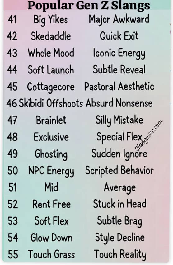 Most popular Gen Z slang terms which includes: Big Yikes
Skedaddle
Whole Mood
Soft Launch
Cottagecore
Skibidi Offshoots
Brainlet
Exclusive
Ghosting
NPC Energy
Mid
Rent Free
Soft Flex
Glow Down
Touch Grass 