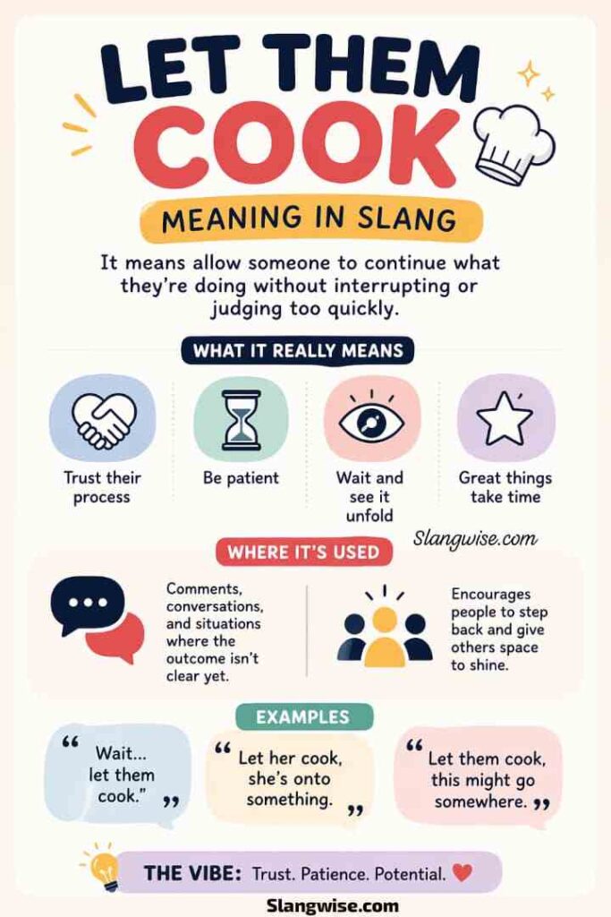 Let them cook meaning explained in simple slang terms. Discover how this viral phrase is used to show trust, patience, and confidence.