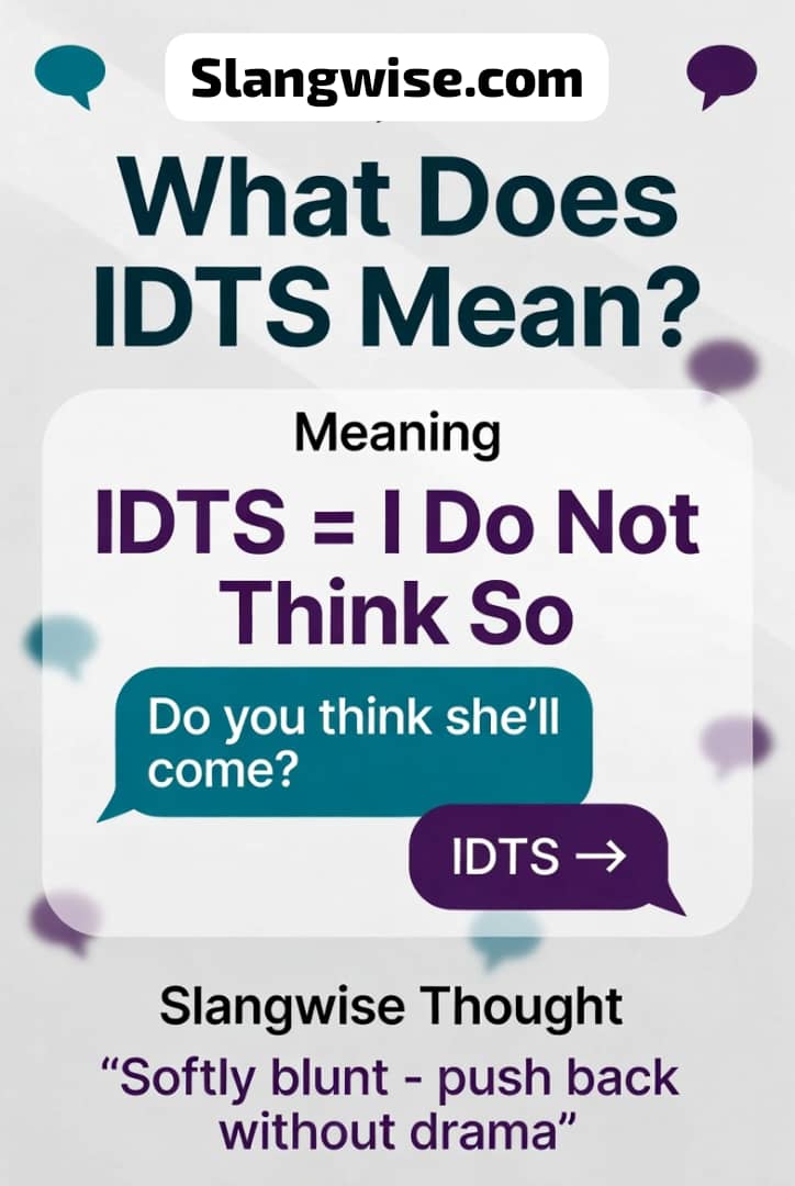 IDTS meaning explained in simple slang terms. Learn what IDTS means, how people use it in texting, and why it sounds soft, skeptical, and casual.