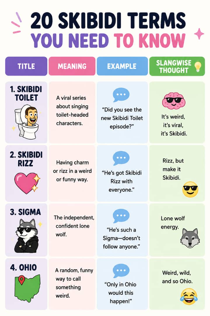 20 Skibidi Slang Terms Explained: From Skibidi Toilet to Skibidi Rizz