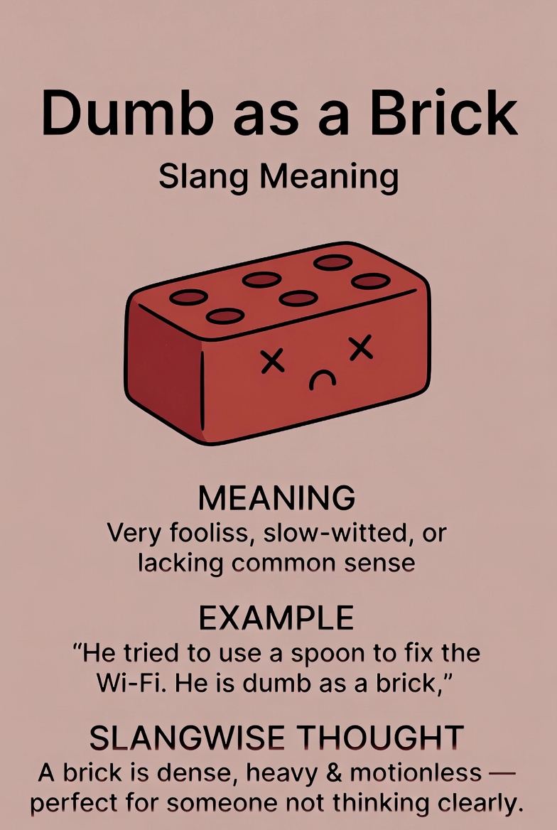 Dumb as a brick is a slang insult that means extremely foolish or slow witted. Learn what it means, how people use it, and why it sounds so memorable.