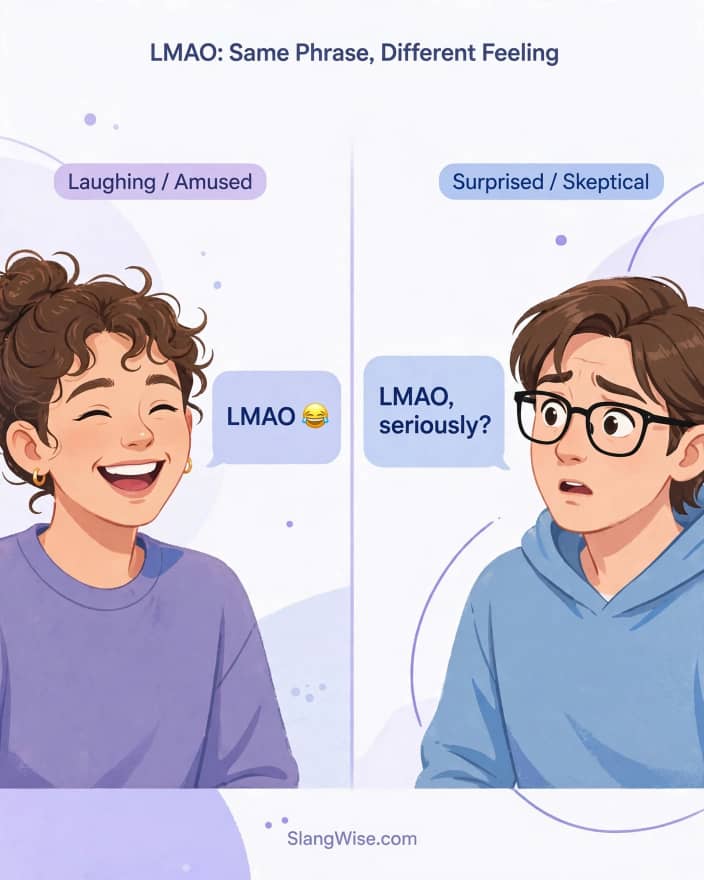 Different meanings of LMAO in text including genuine laughter and sarcasm