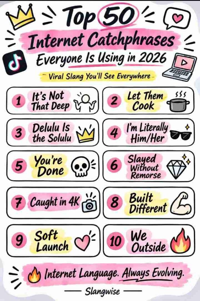 Discover 50 popular internet catchphrases of 2026, from 67 and aura farming to cooked, glazing, rage bait, no cap, and main character energy. Learn what they mean, where they fit, and how to use them naturally.
