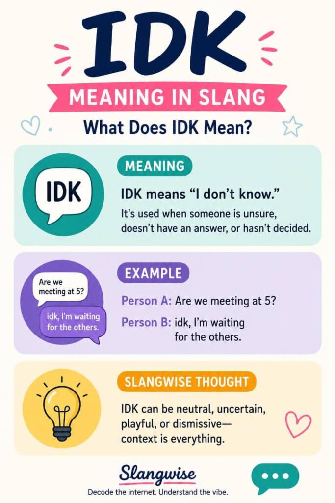 IDK Meaning in Slang: What Does IDK Mean in Texts, TikTok & Chats?