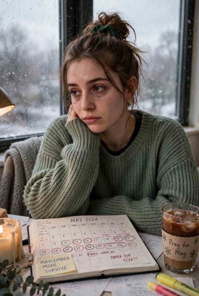 Stressed young woman in cozy sweater sitting at desk with May 2024 calendar showing busy finals schedule and sticky note reading Maycember Mode: Survive