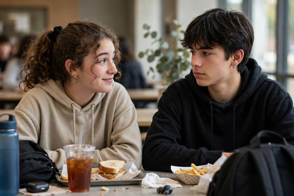 One teenager waits for laughter after telling a joke while their friend responds with a blank Gen Z stare.