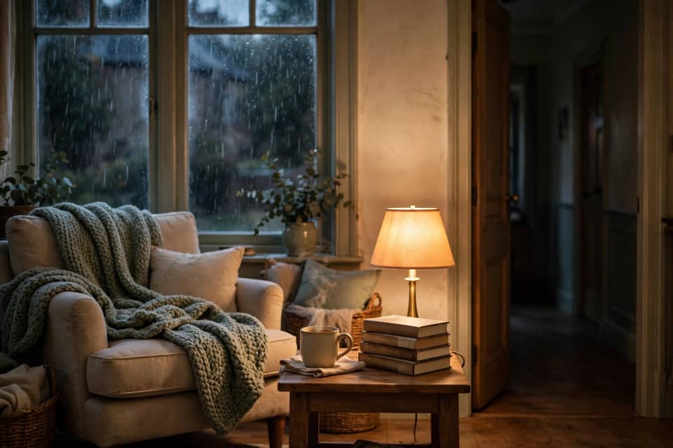 Cozy living room with mystery books and a subtly mysterious atmosphere.