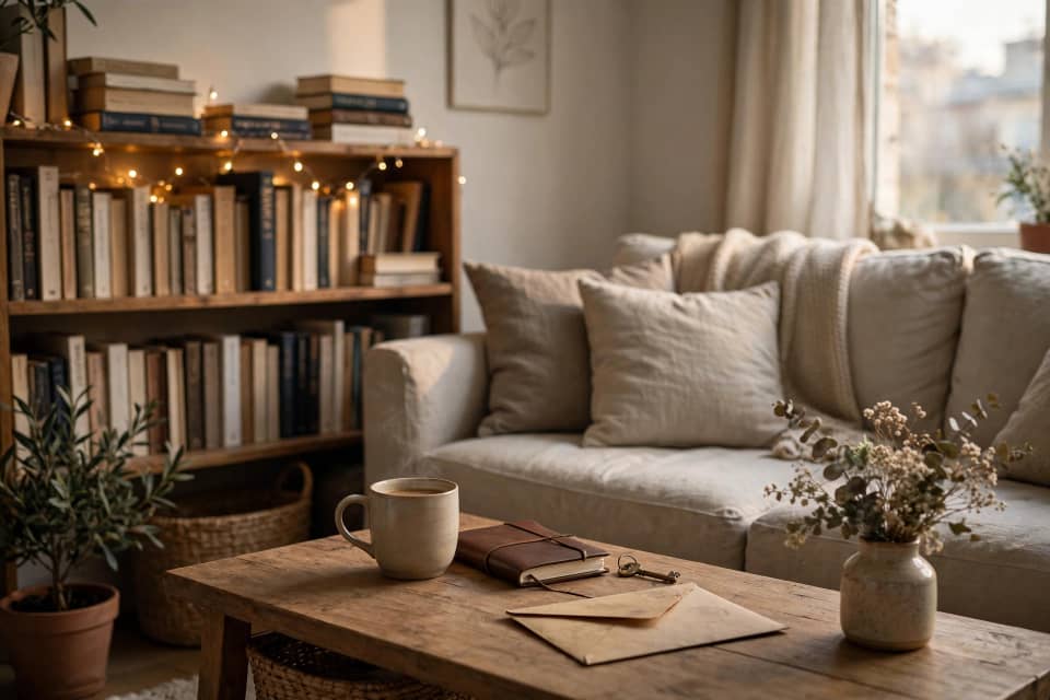 Stylish apartment with cozy decorations and subtle clues that create a cozy mystery vibe.