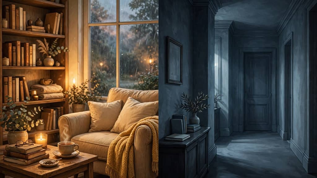 Warm cozy mystery atmosphere contrasted with a darker, more suspenseful setting.